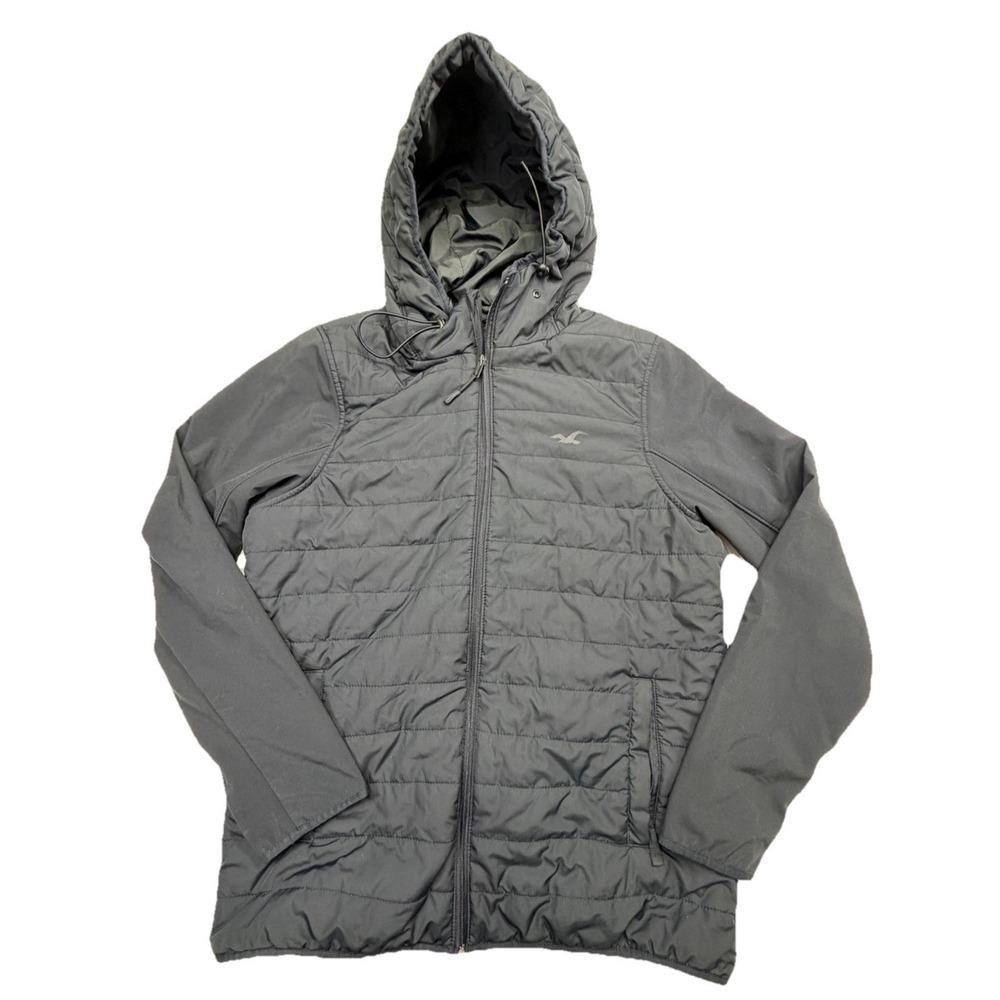 Hollister Softshell Hooded Jacket Mens Medium Black‎ Full Zip Puffer Hybrid